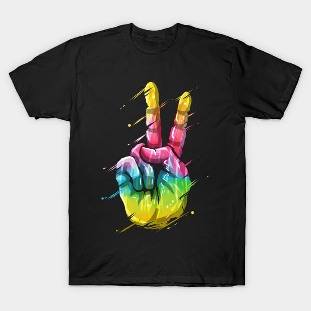 Colorful LGBTQ Victory Sign Hand Peace Sign T-Shirt by SinBle